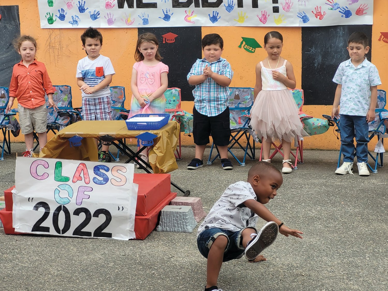 CUT A RUG: The Johnston State Pre-K classroom at Over the Rainbow Learning Center celebrated the end of the school year during a show for family and friends on June 17. Youngsters took turn break-dancing.